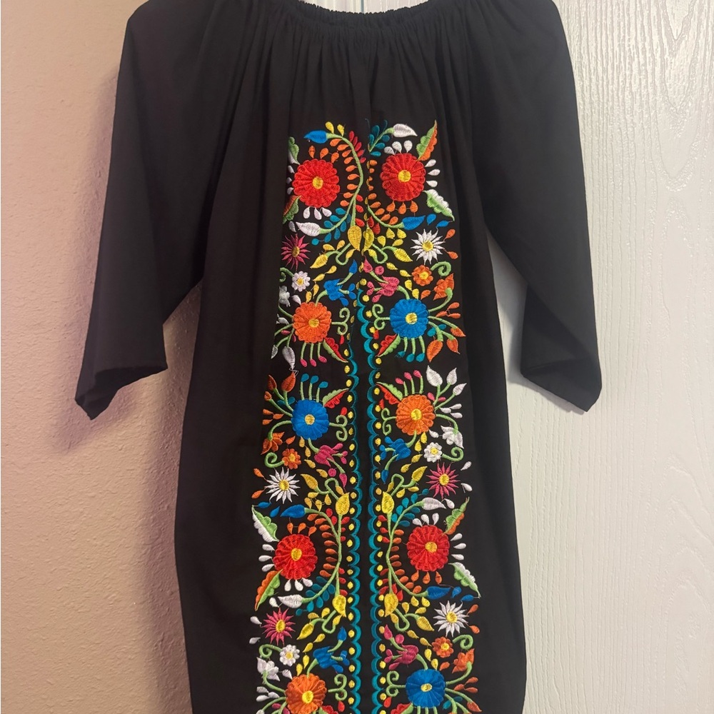 Embroidered Black Dress with Colorful Floral Design